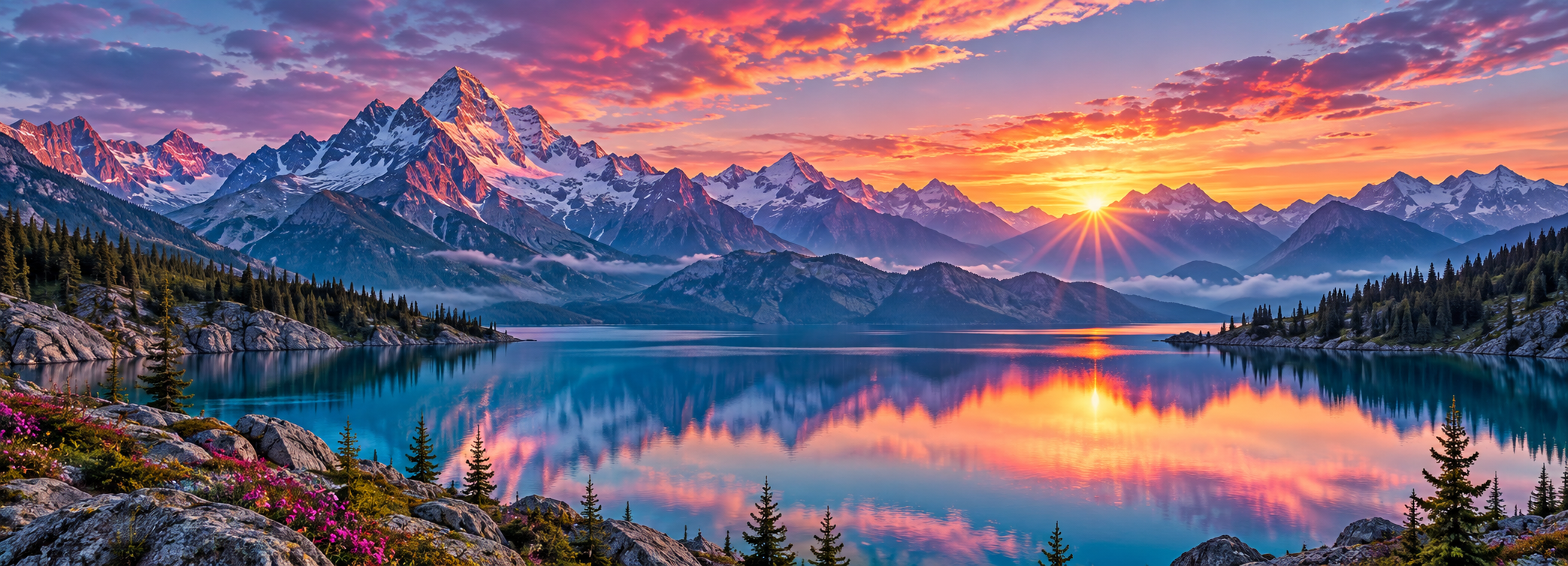 A colourful panoramic mountain and lake landscape spanning the complete joined LED screen