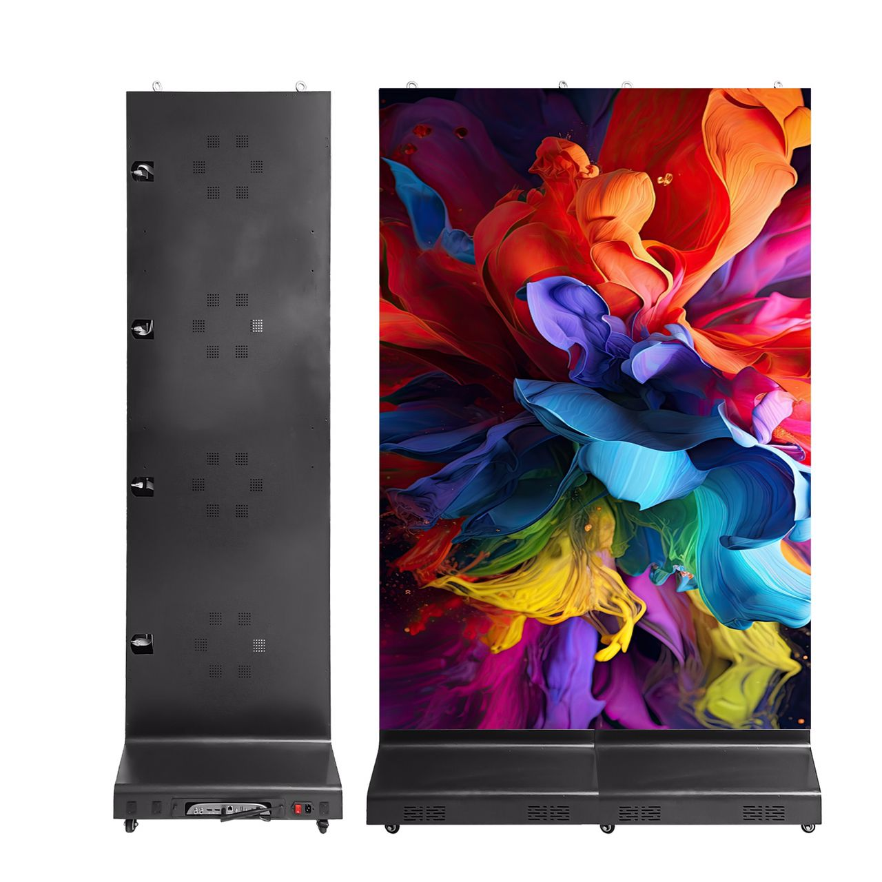 Front and rear views of a single LED Poster beside two joined posters forming a wider screen